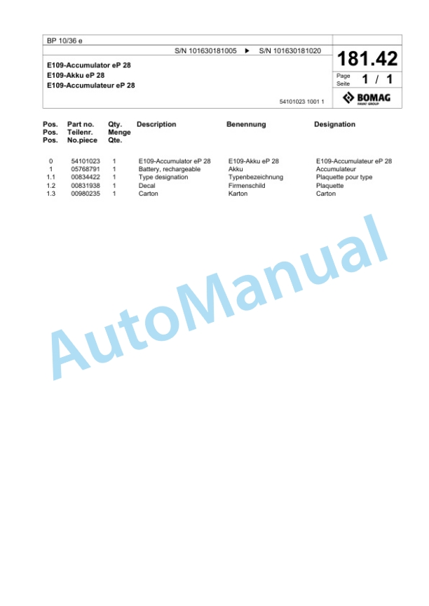 Bomag BP 10-36 e Vibratory Plate Compactor Spare Parts Catalogue 00826751-5