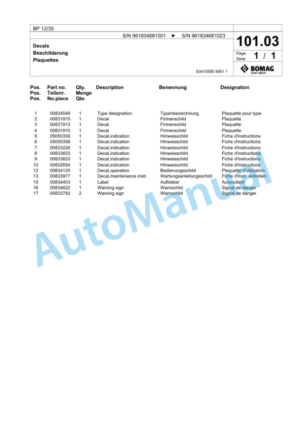 Bomag BP 12-35 Vibratory Plate Compactor Spare Parts Catalogue 00827093-4