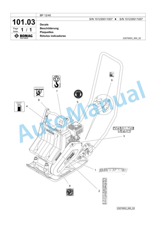 Bomag BP 12-40 Vibratory Plate Compactor Spare Parts Catalogue 00818635-3