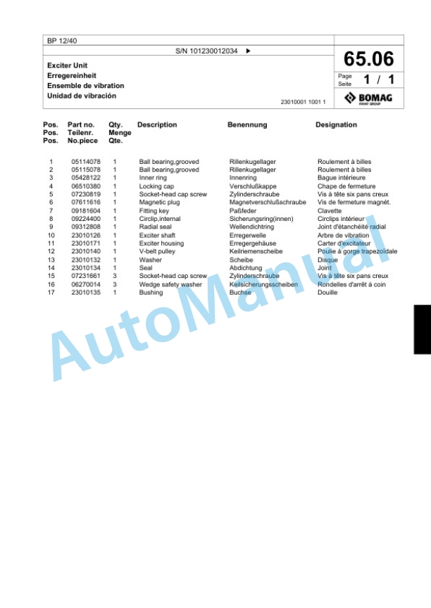 Bomag BP 12-40 Vibratory Plate Compactor Spare Parts Catalogue 00824065-3