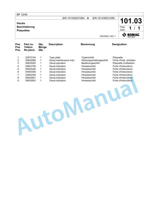 Bomag BP 12-40 Vibratory Plate Compactor Spare Parts Catalogue 00825025-3