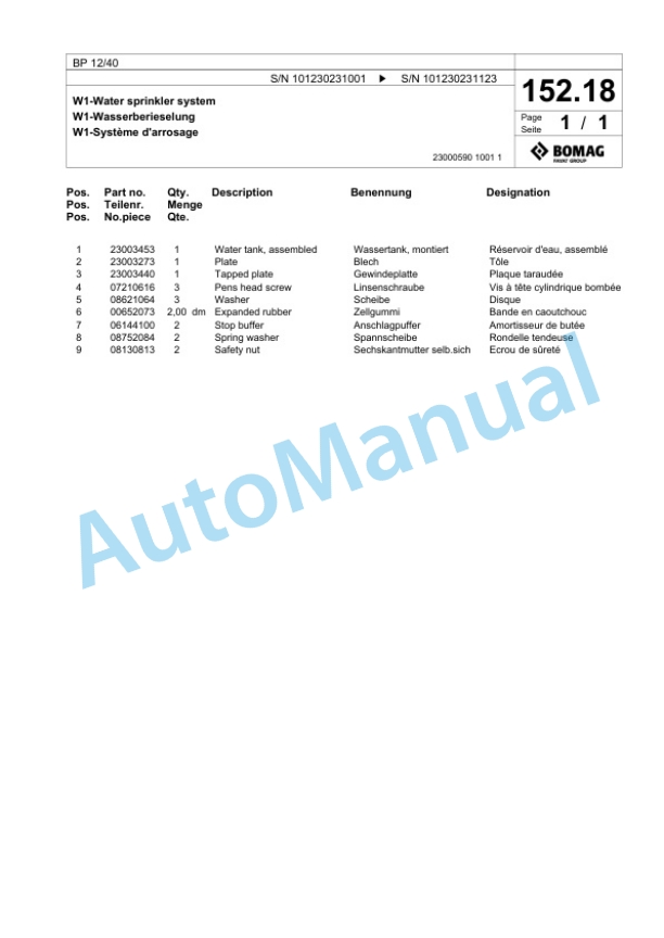 Bomag BP 12-40 Vibratory Plate Compactor Spare Parts Catalogue 00825025-5