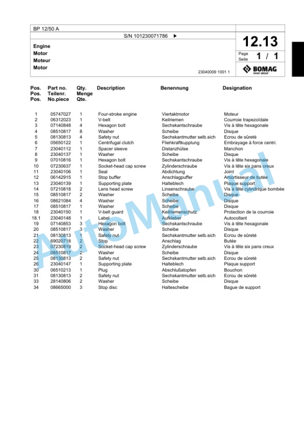 Bomag BP 12-50 A Vibratory Plate Compactor Spare Parts Catalogue 00824067-2