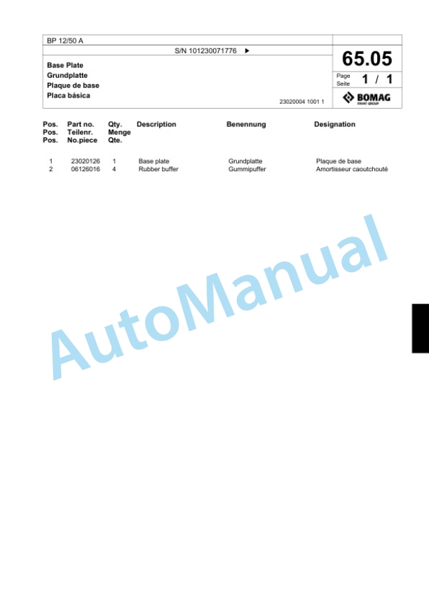 Bomag BP 12-50 A Vibratory Plate Compactor Spare Parts Catalogue 00824067-3