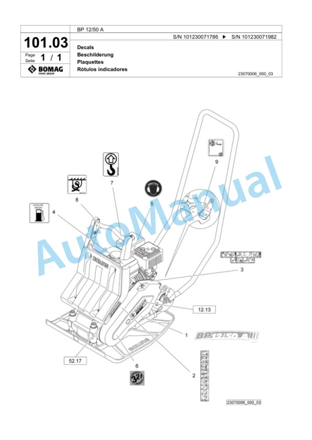 Bomag BP 12-50 A Vibratory Plate Compactor Spare Parts Catalogue 00824067-4