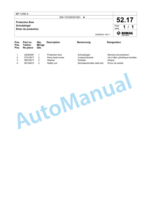 Bomag BP 12-50 A Vibratory Plate Compactor Spare Parts Catalogue 00825503-2