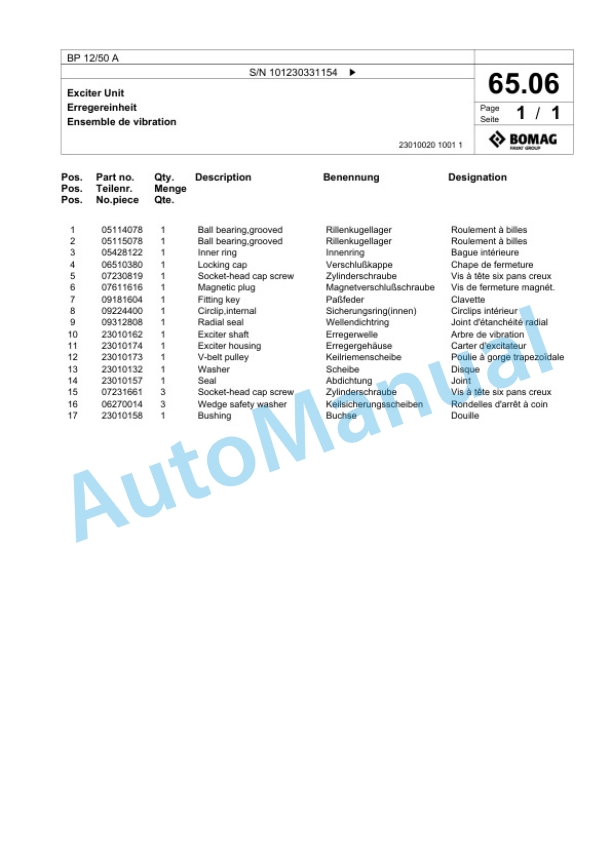 Bomag BP 12-50 A Vibratory Plate Compactor Spare Parts Catalogue 00825503-3