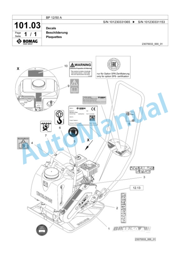 Bomag BP 12-50 A Vibratory Plate Compactor Spare Parts Catalogue 00825503-4