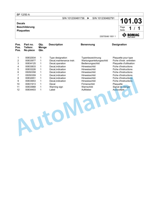 Bomag BP 12-50 A Vibratory Plate Compactor Spare Parts Catalogue 00826117-3
