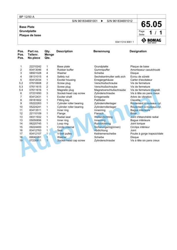 Bomag BP 12-50 A Vibratory Plate Compactor Spare Parts Catalogue 00827095-3