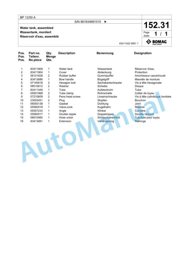 Bomag BP 12-50 A Vibratory Plate Compactor Spare Parts Catalogue 00827095-5
