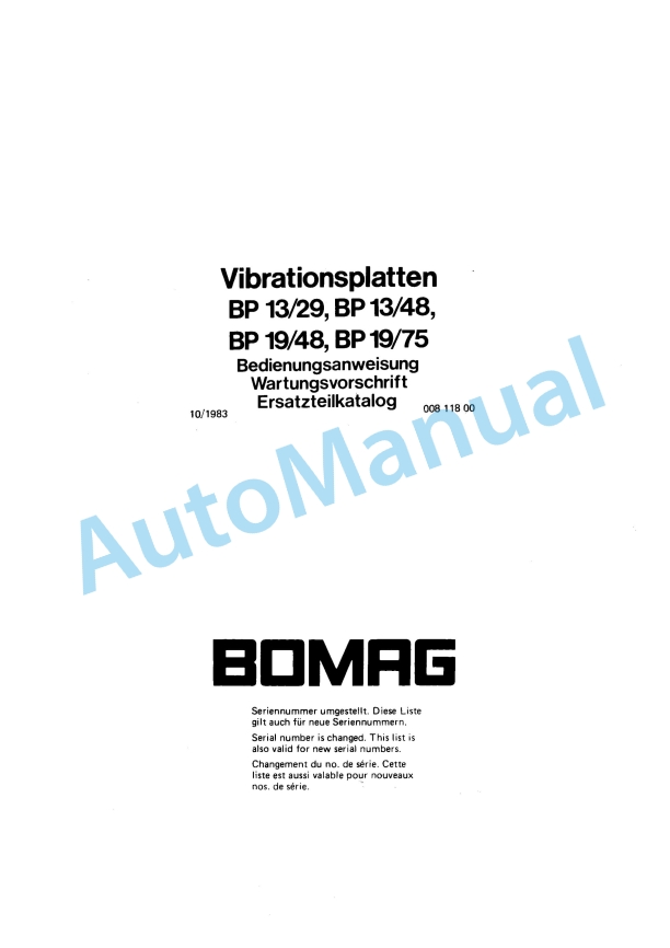 Bomag BP 13-29, BP 13-48, BP 19-48, BP 19-75 Vibration Plates Spare Parts Catalogue 00811800 GE