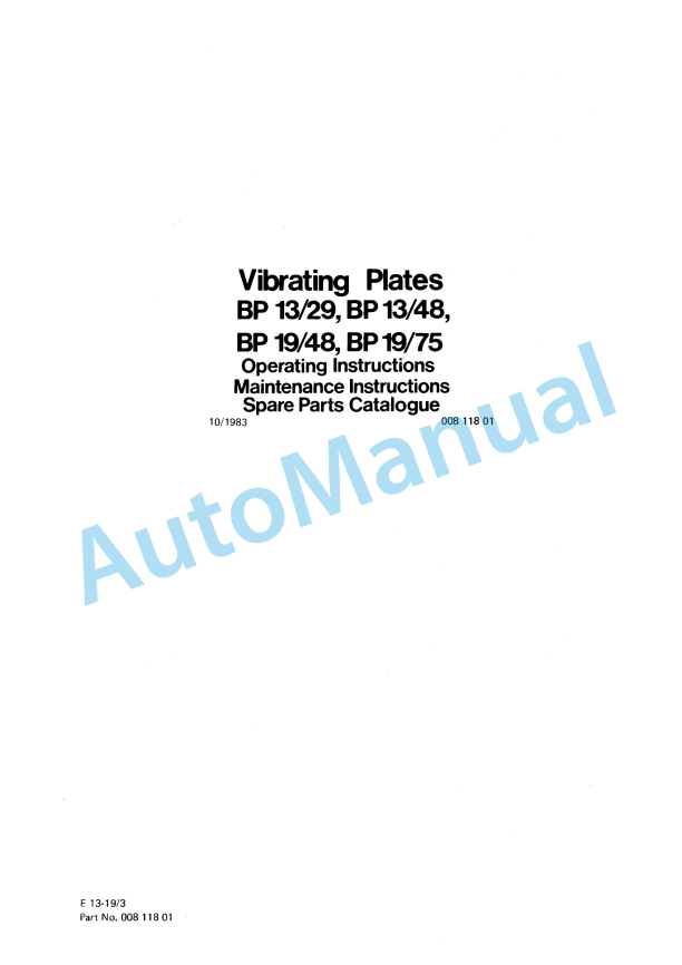 Bomag BP 13-29, BP 13-48, BP 19-48, BP 19-75 Vibration Plates Spare Parts Catalogue 00811801