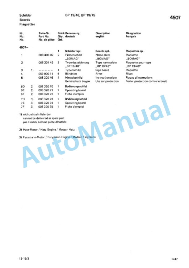 Bomag BP 13-29, BP 13-48, BP 19-48, BP 19-75 Vibration Plates Spare Parts Catalogue 00811801-5