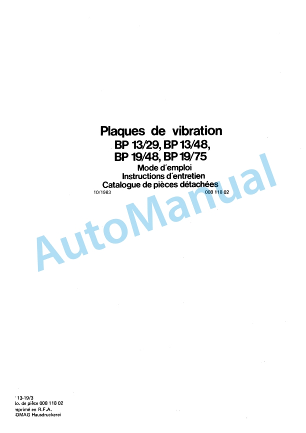Bomag BP 13-29, BP 13-48, BP 19-48, BP 19-75 Vibration Plates Spare Parts Catalogue 00811802 FR