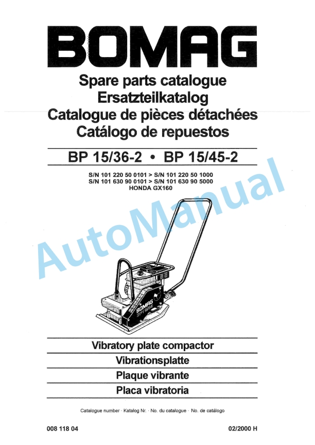 Bomag BP 15-36-2, BP 15-45-2 Vibratory Plate Compactor Spare Parts Catalogue 00811804
