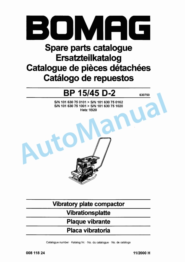 Bomag BP 15-45 D-2 Vibratory Plate Compactor Spare Parts Catalogue 00811824