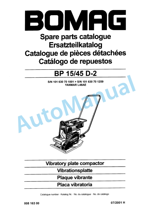 Bomag BP 15-45 D-2 Vibratory Plate Compactor Spare Parts Catalogue 00816300