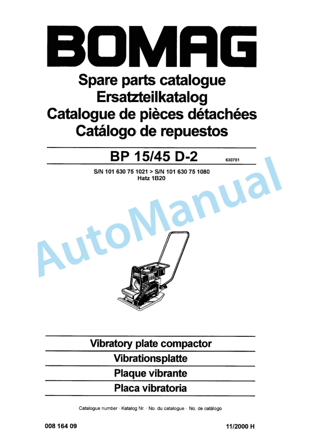Bomag BP 15-45 D-2 Vibratory Plate Compactor Spare Parts Catalogue 00816409