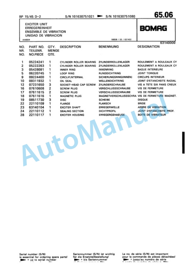 Bomag BP 15-45 D-2 Vibratory Plate Compactor Spare Parts Catalogue 00816409-5