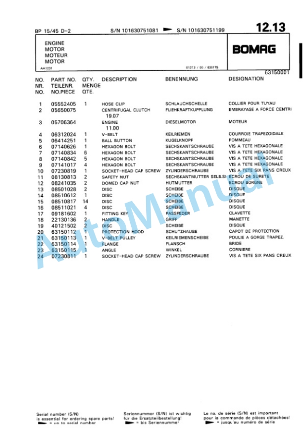 Bomag BP 15-45 D-2 Vibratory Plate Compactor Spare Parts Catalogue 00816413-3