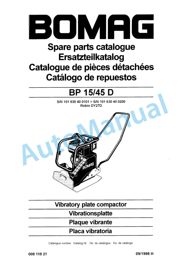 Bomag BP 15-45 D Vibratory Plate Compactor Spare Parts Catalogue 00811821