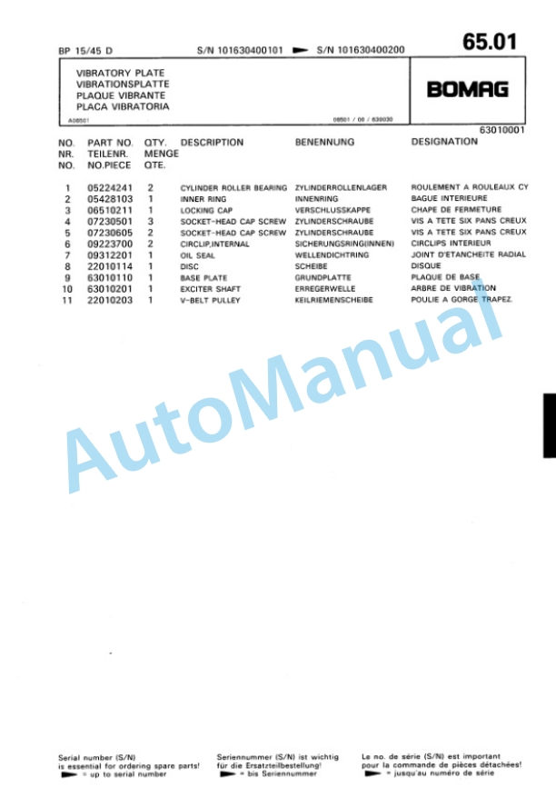 Bomag BP 15-45 D Vibratory Plate Compactor Spare Parts Catalogue 00811821-5