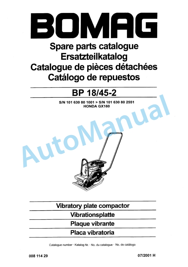 Bomag BP 18-45-2 Vibratory Plate Compactor Spare Parts Catalogue 00811429