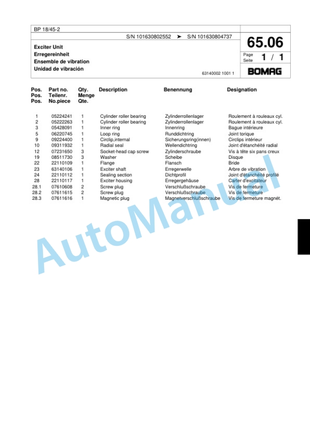 Bomag BP 18-45-2 Vibratory Plate Compactor Spare Parts Catalogue 00817420-4