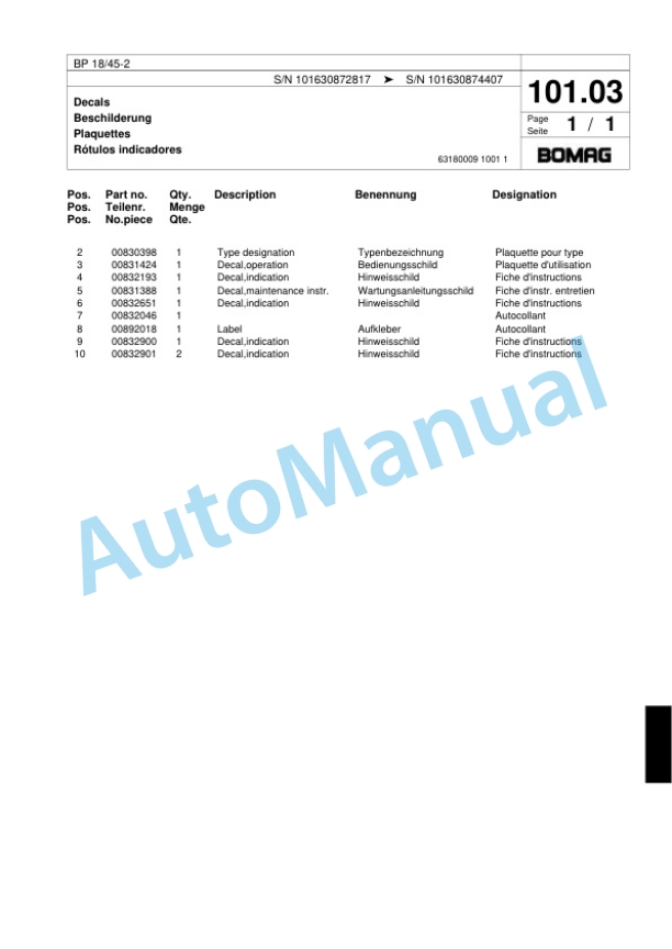 Bomag BP 18-45-2 Vibratory Plate Compactor Spare Parts Catalogue 00818449-4