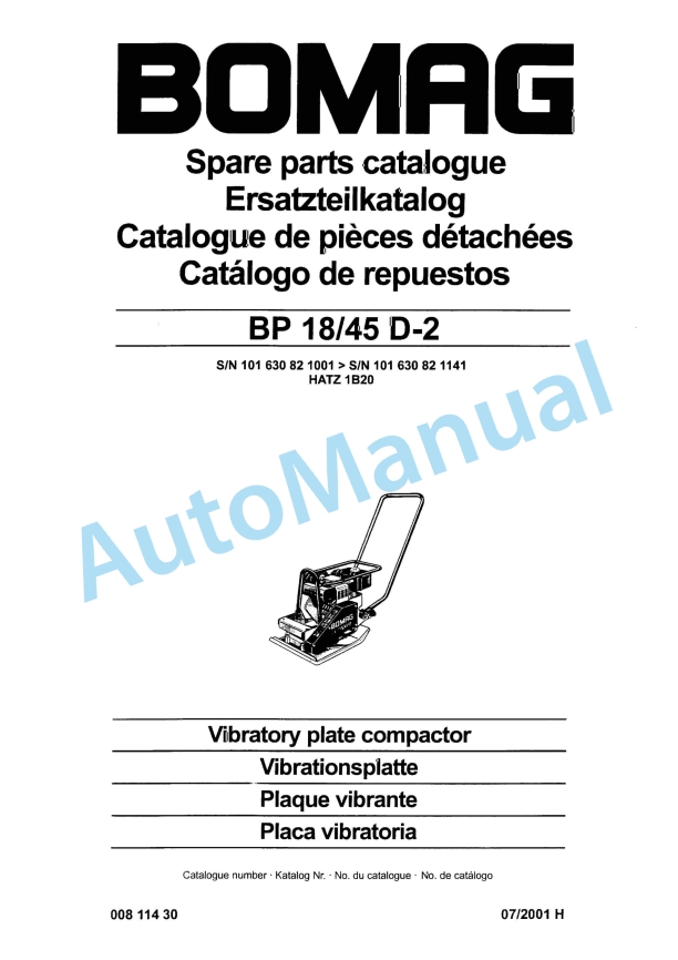 Bomag BP 18-45 D-2 Vibratory Plate Compactor Spare Parts Catalogue 00811430