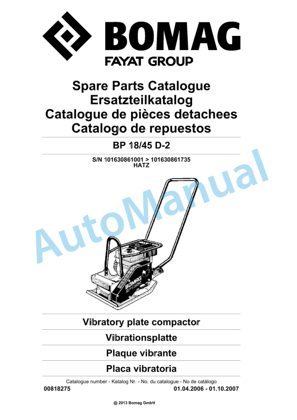 Bomag BP 18-45 D-2 Vibratory Plate Compactor Spare Parts Catalogue 00818275