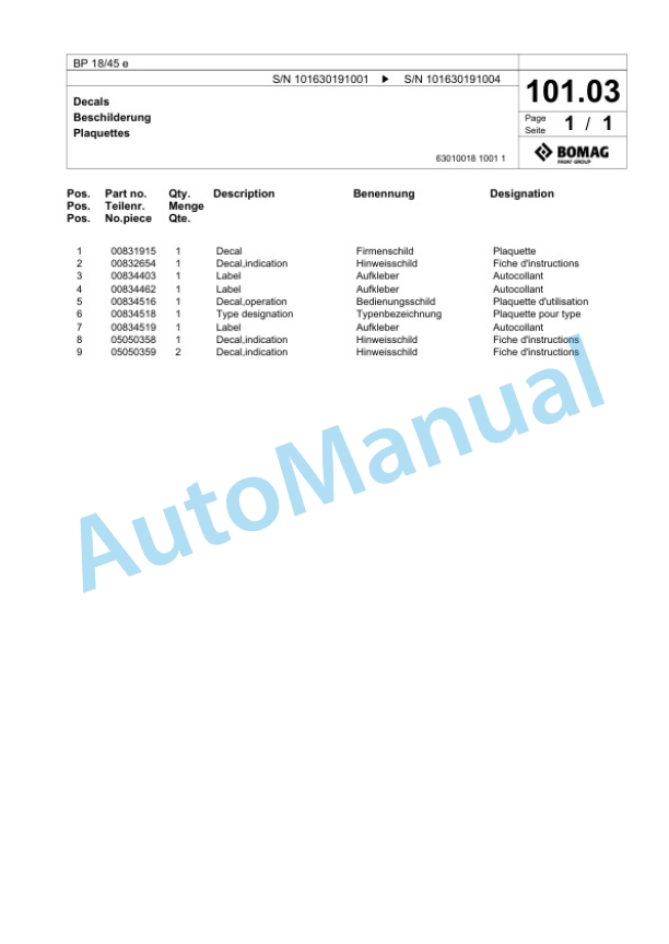 Bomag BP 18-45 e Vibratory Plate Compactor Spare Parts Catalogue 00826753-3