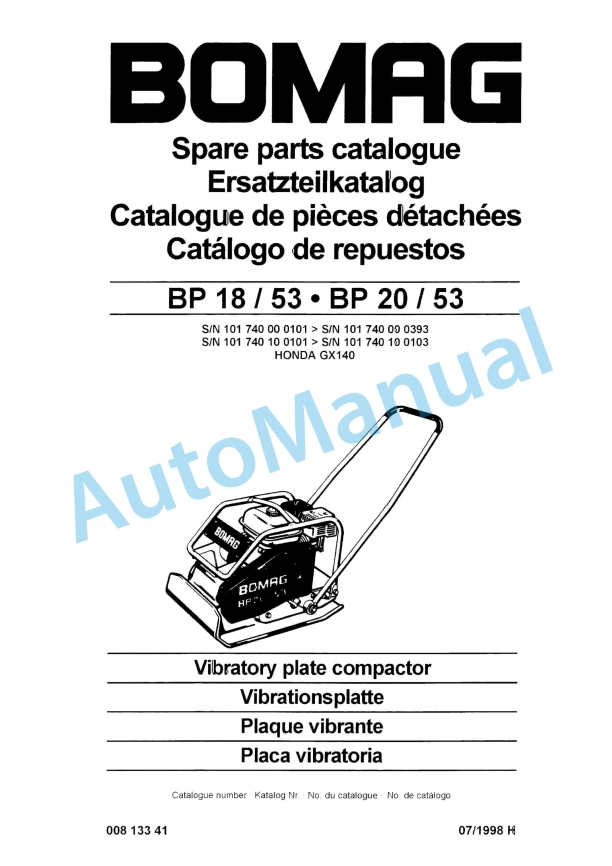 Bomag BP 18-53, BP 20-53 Vibratory Plate Compactor Spare Parts Catalogue 00813341