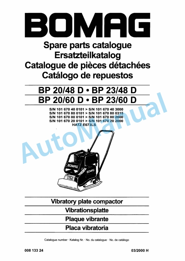 Bomag BP 20-48 D, BP 23-48 D, BP 20-60 D, BP 23-60 D Vibratory Plate Compactor Spare Parts Catalogue 00813324