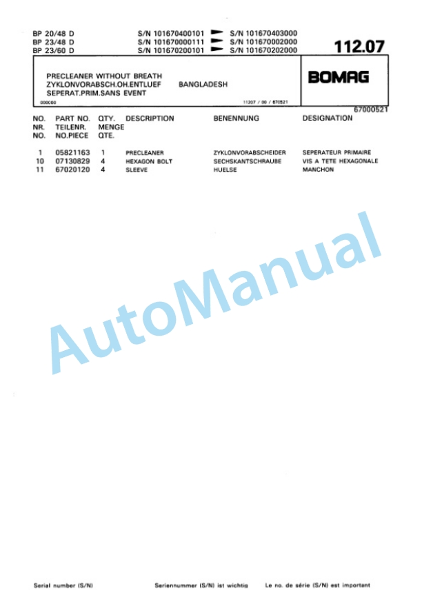 Bomag BP 20-48 D, BP 23-48 D, BP 20-60 D, BP 23-60 D Vibratory Plate Compactor Spare Parts Catalogue 00813324-5