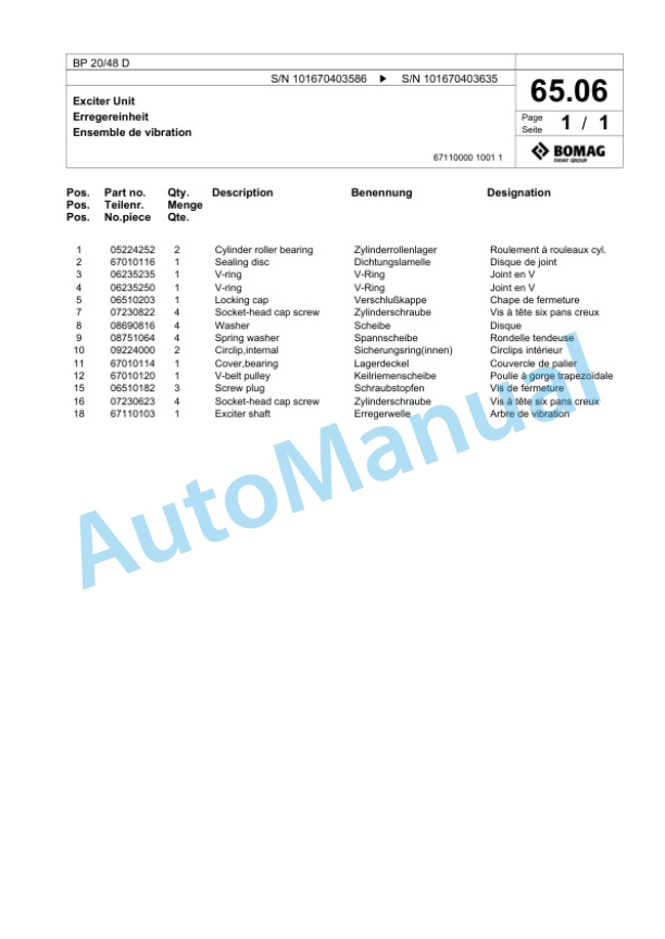 Bomag BP 20-48 D Vibratory Plate Compactor Spare Parts Catalogue 00817422-5