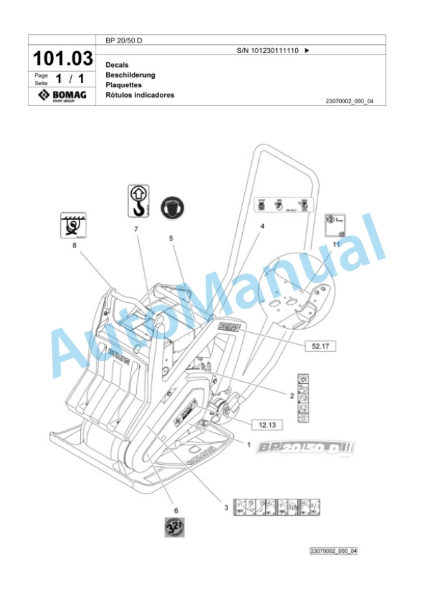 Bomag BP 20-50 D Vibratory Plate Compactor Spare Parts Catalogue 00824347-5