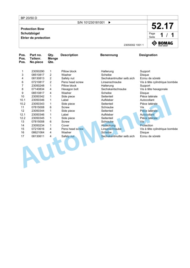 Bomag BP 20-50 D Vibratory Plate Compactor Spare Parts Catalogue 00824757-3