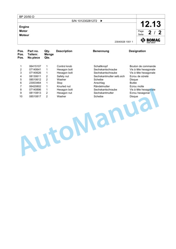 Bomag BP 20-50 D Vibratory Plate Compactor Spare Parts Catalogue 00825127-2
