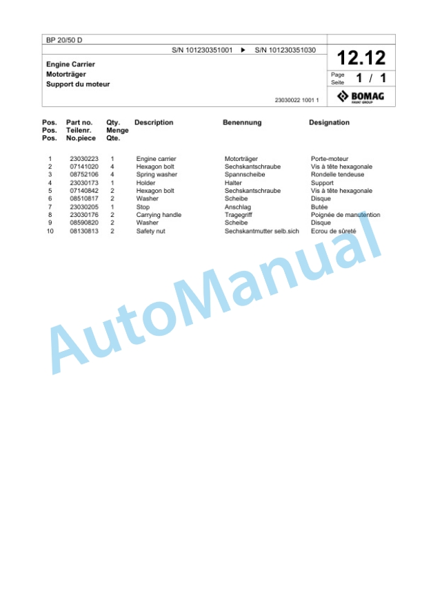 Bomag BP 20-50 D Vibratory Plate Compactor Spare Parts Catalogue 00825507-2