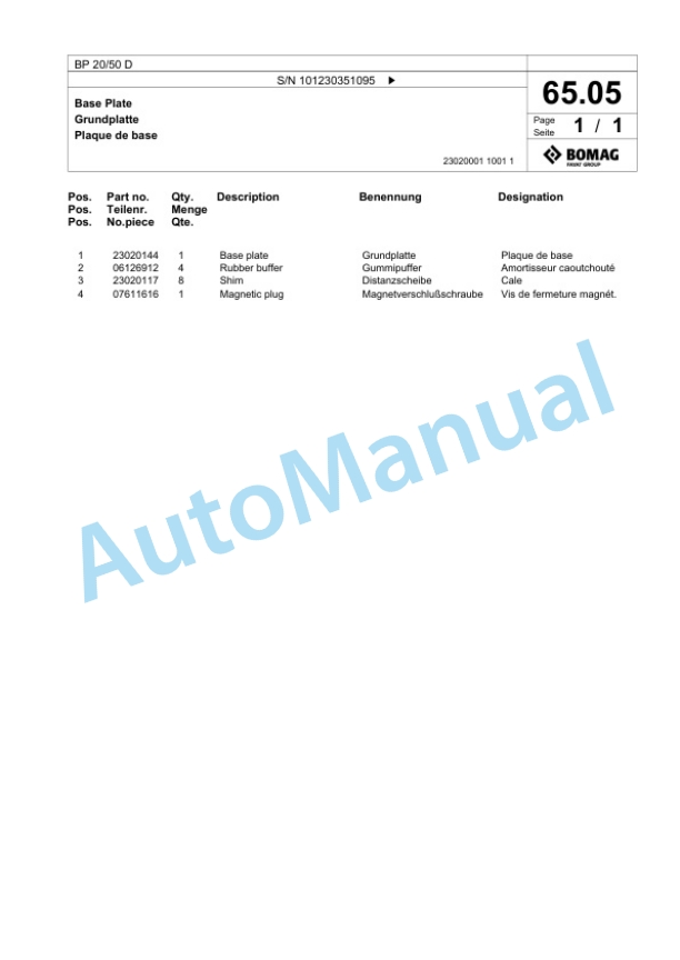 Bomag BP 20-50 D Vibratory Plate Compactor Spare Parts Catalogue 00825507-3