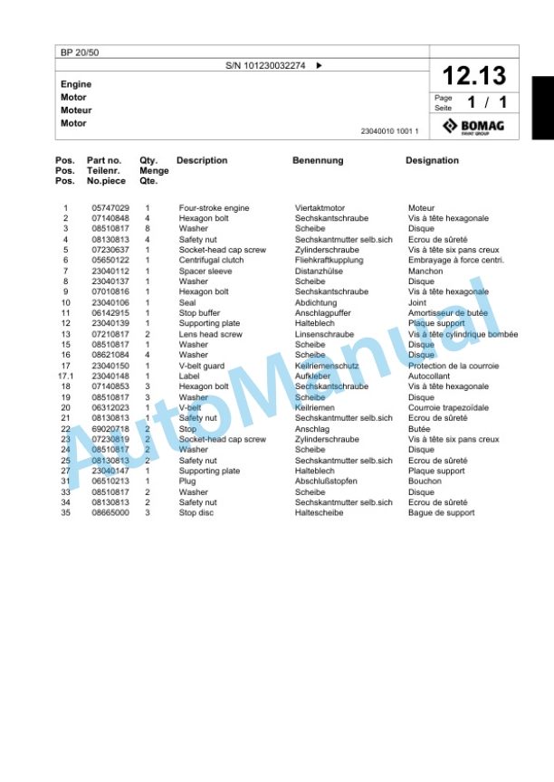 Bomag BP 20-50 Vibratory Plate Compactor Spare Parts Catalogue 00824069-2
