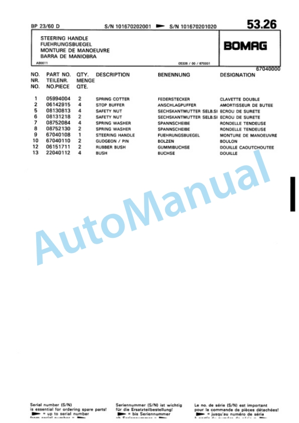 Bomag BP 23-60 D Vibratory Plate Compactor Spare Parts Catalogue 00819923-3