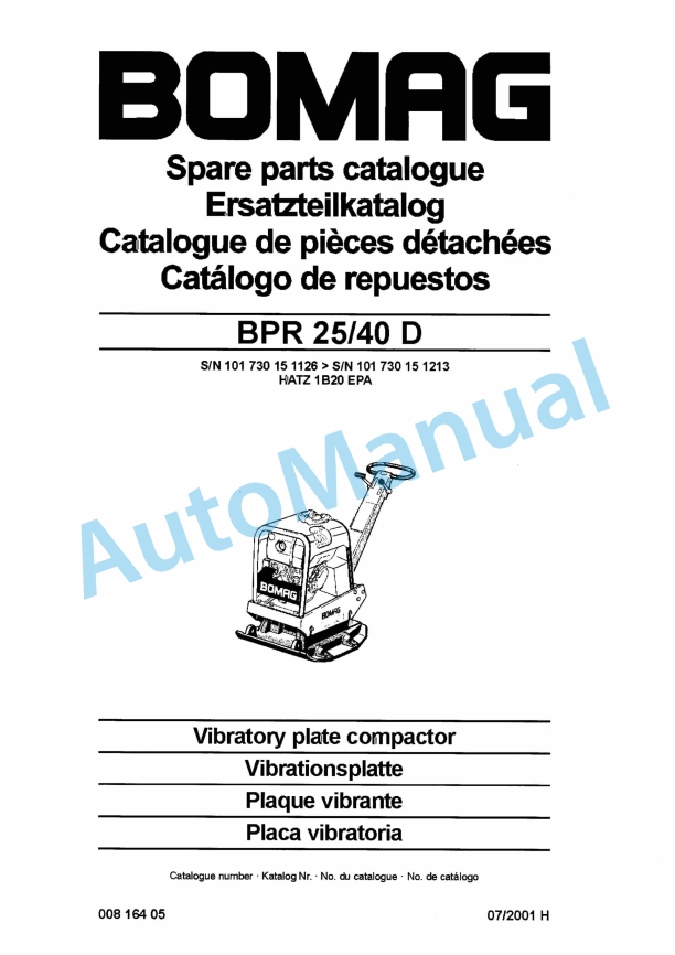 Bomag BP 25-40 D Vibratory Plate Compactor Spare Parts Catalogue 00816405