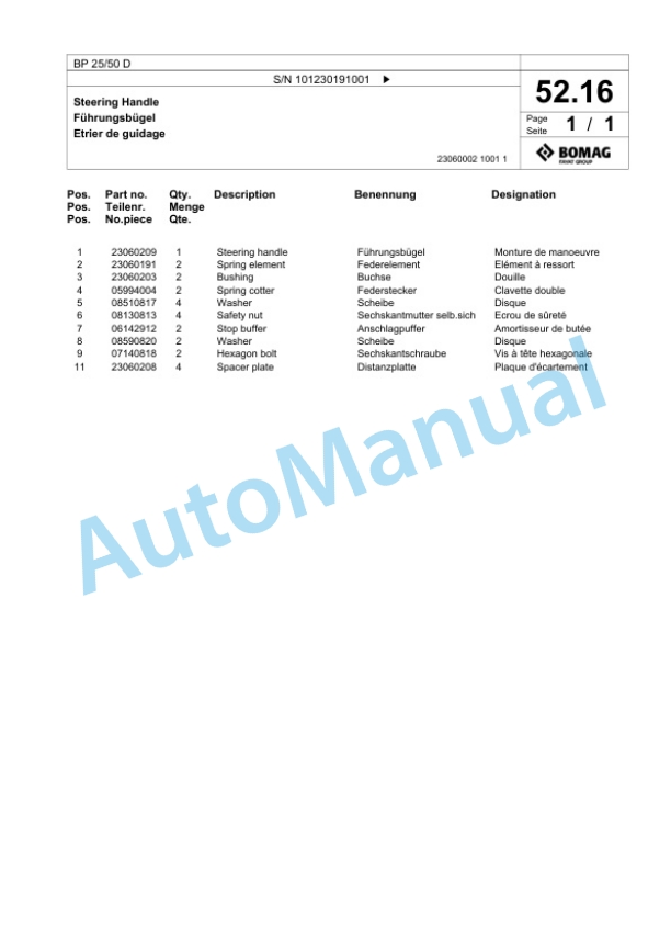 Bomag BP 25-50 D Vibratory Plate Compactor Spare Parts Catalogue 00824759-3