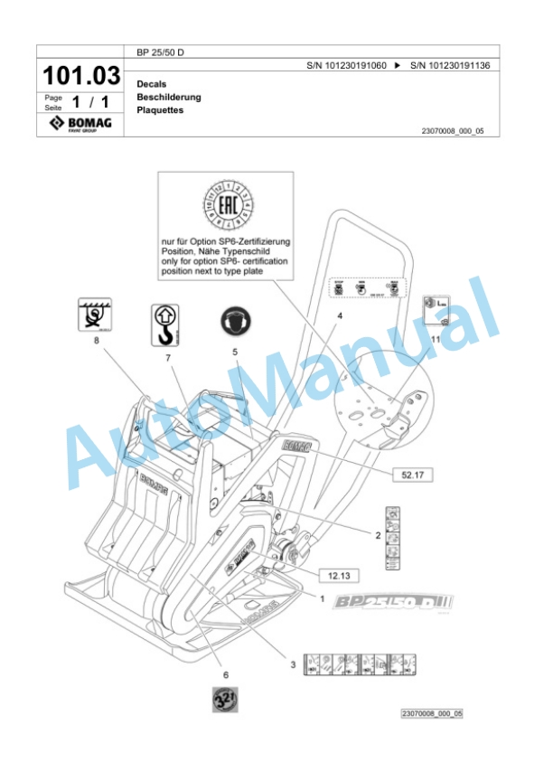Bomag BP 25-50 D Vibratory Plate Compactor Spare Parts Catalogue 00824759-5