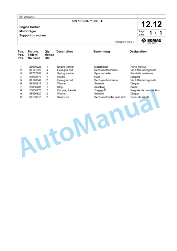 Bomag BP 25-50 D Vibratory Plate Compactor Spare Parts Catalogue 00825033-2