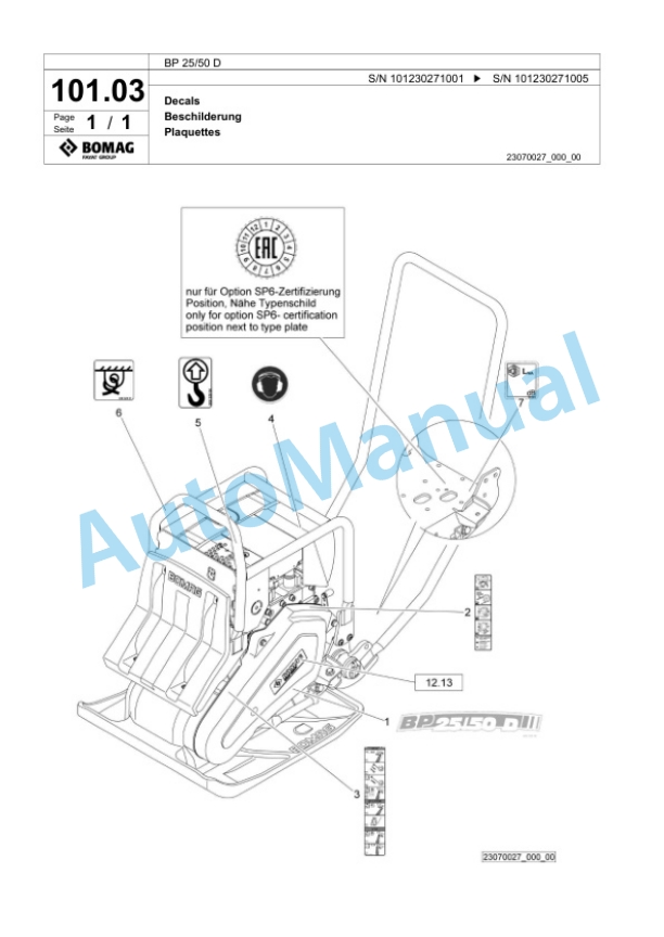 Bomag BP 25-50 D Vibratory Plate Compactor Spare Parts Catalogue 00825033-5