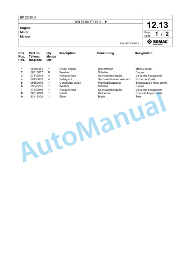 Bomag BP 25-50 D Vibratory Plate Compactor Spare Parts Catalogue 00827105-2